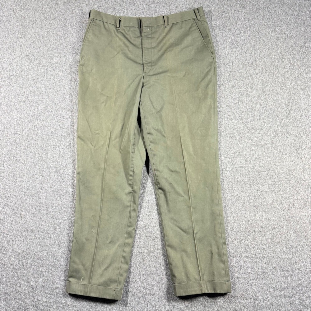 Vintage Mens Olive Drab Work Trousers Cuffed Straight Leg Twill Pants‎ 35x29